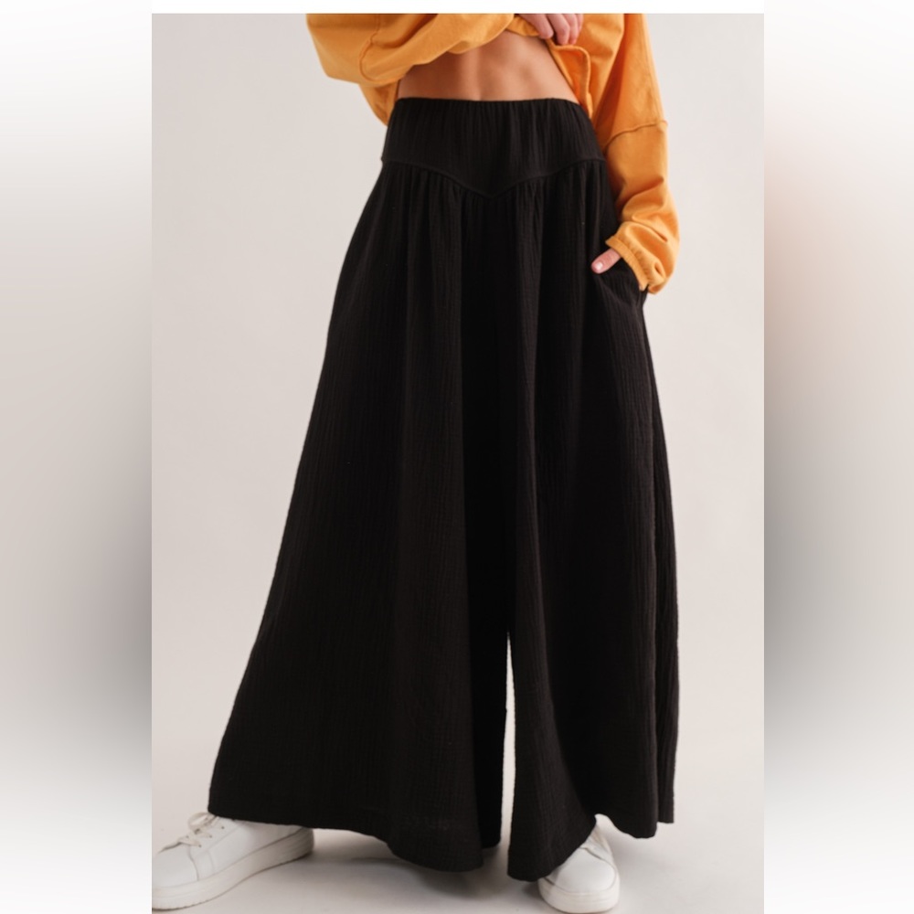 Gauze Shirring Detailed Wide Pants